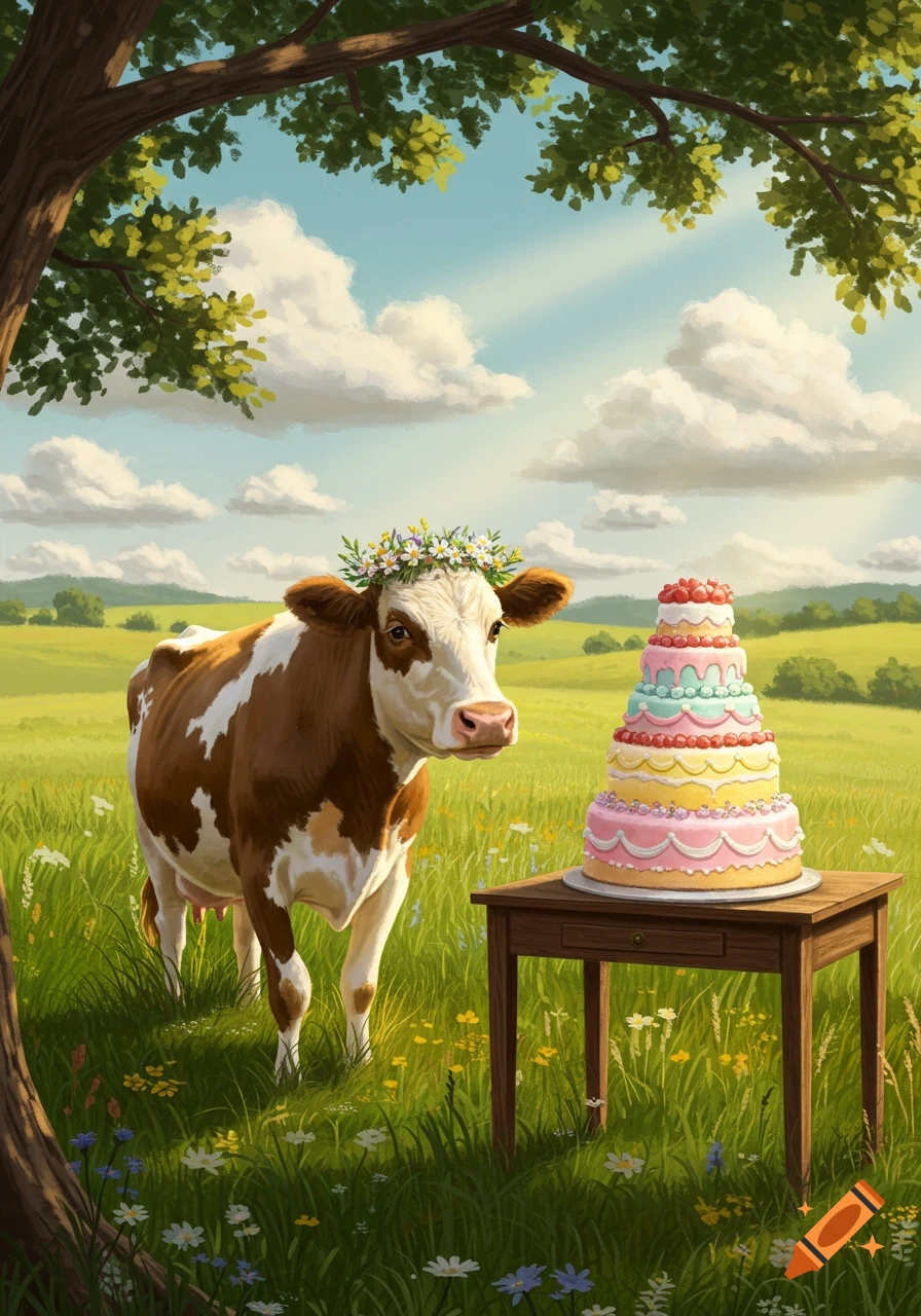 An illustrated brown and white cow wearing a flower crown stands in a green field next to a pastel tiered cake on a wooden table.