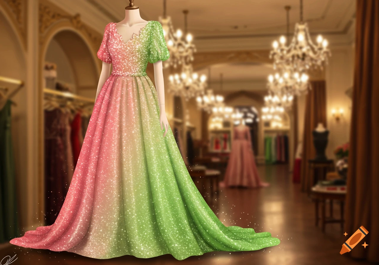A glittering ombre pink and green gown on a mannequin in a luxurious boutique with chandeliers.