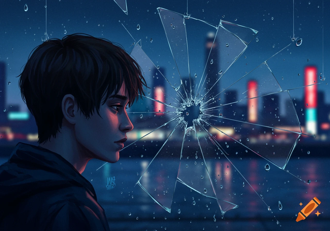 Digital art of a young person looking pensively through a broken, rain-splattered window at a neon-lit city skyline at night.