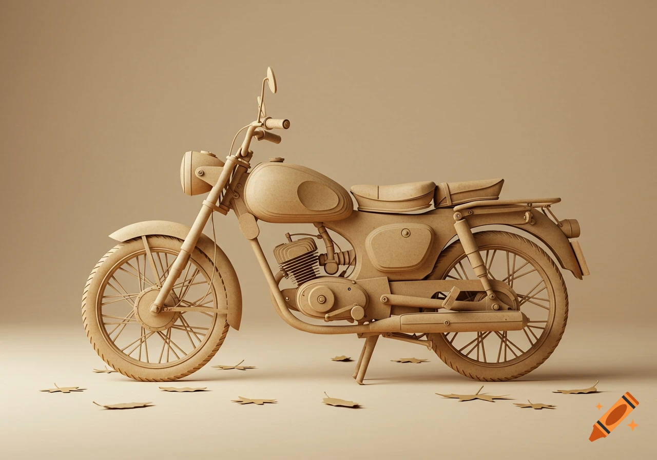 A side view of a detailed brown paper craft motorcycle with paper leaves scattered on a light brown background.