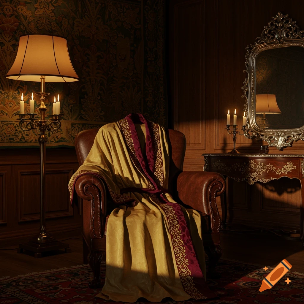A golden and red patterned robe draped over a brown leather armchair in a dimly lit, ornate room with vintage furniture.