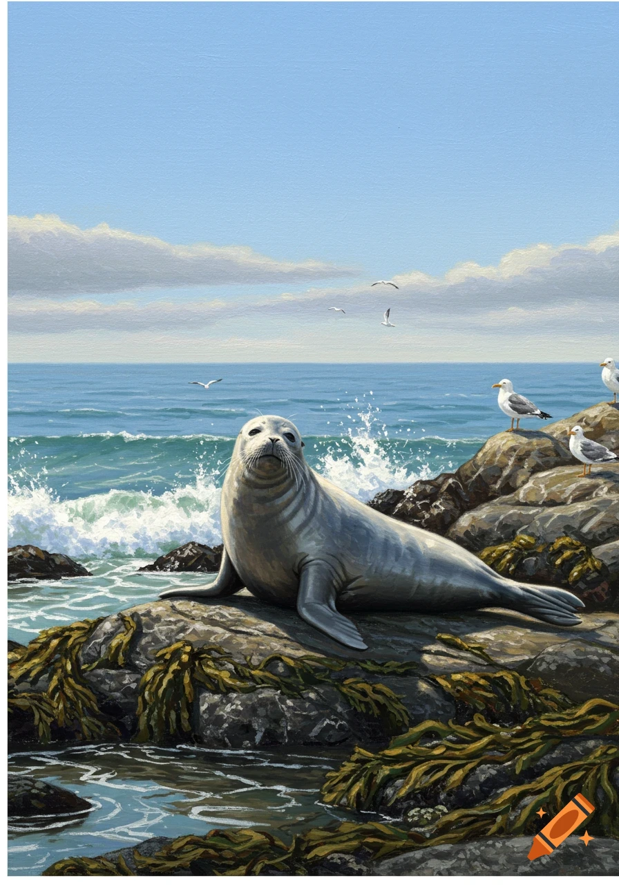 A painting of a grey seal resting on seaweed-covered rocks by the ocean with crashing waves and seagulls under a blue sky.