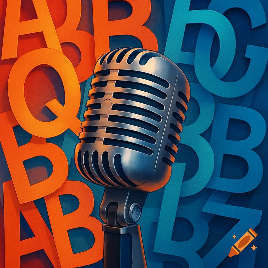 A silver vintage microphone stands against a background of overlapping orange and blue letters.