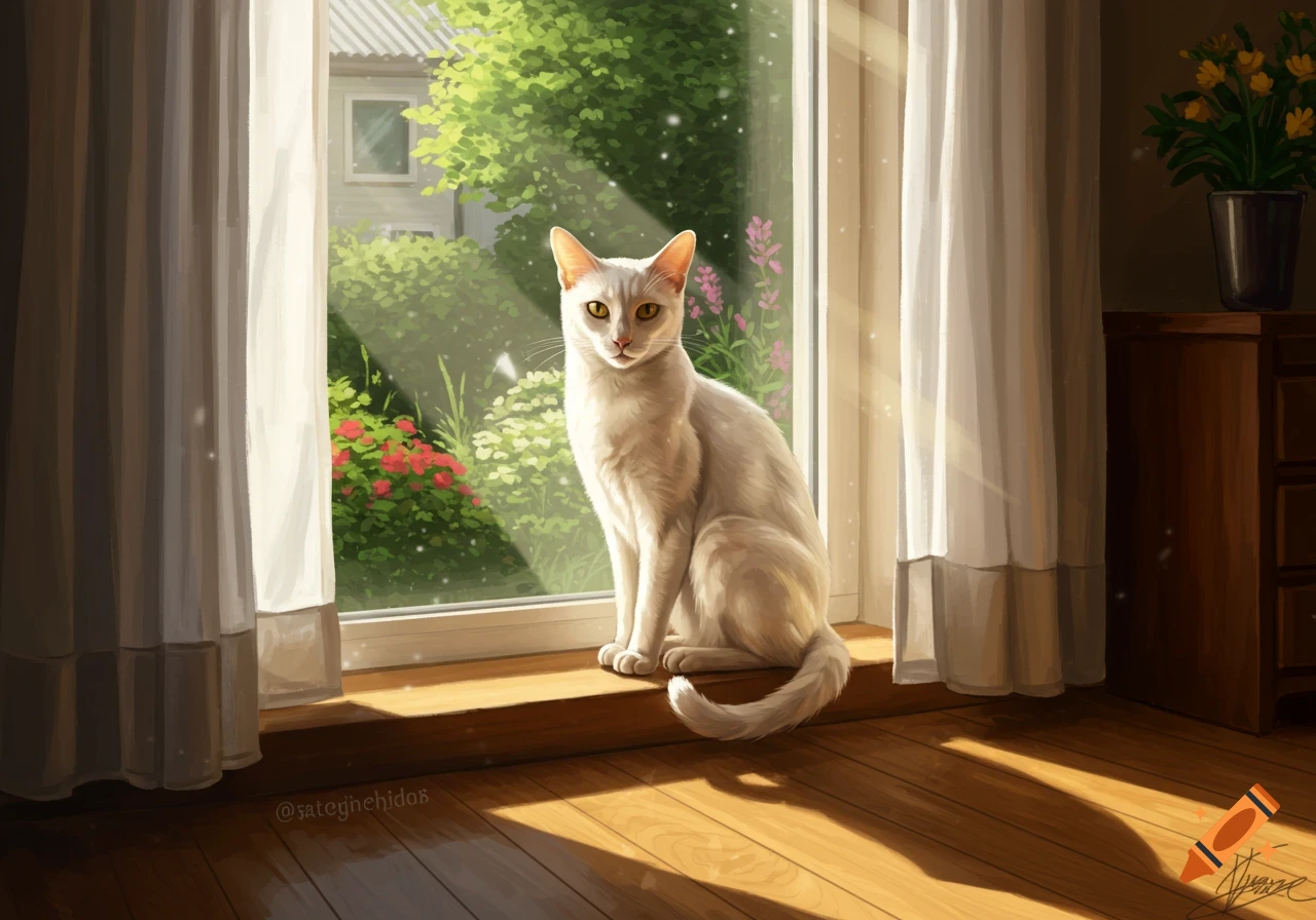 A white cat with yellow eyes sits on a wooden windowsill, bathed in sunlight, looking out at a vibrant green garden. Digital art style.