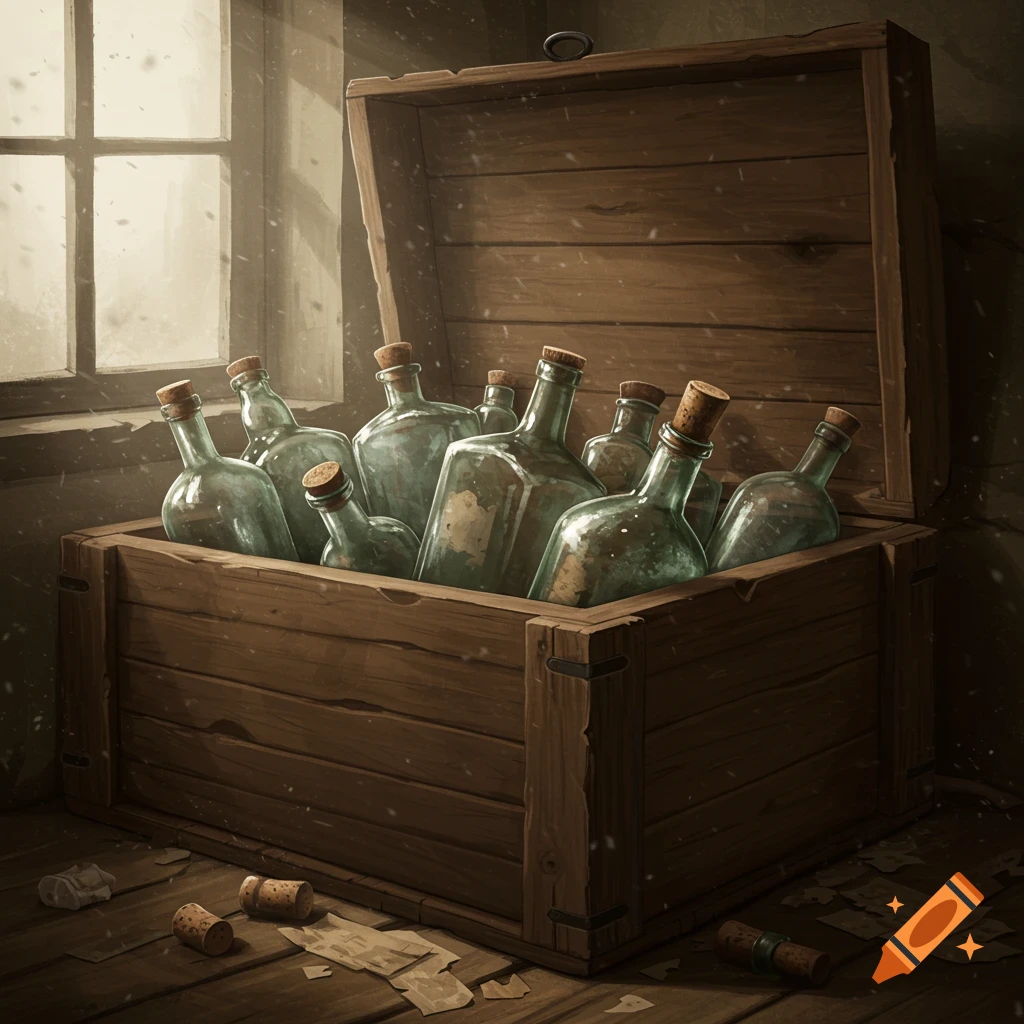 A rustic wooden chest filled with empty glass bottles sits on a dusty wooden floor near a window, with corks and papers scattered.