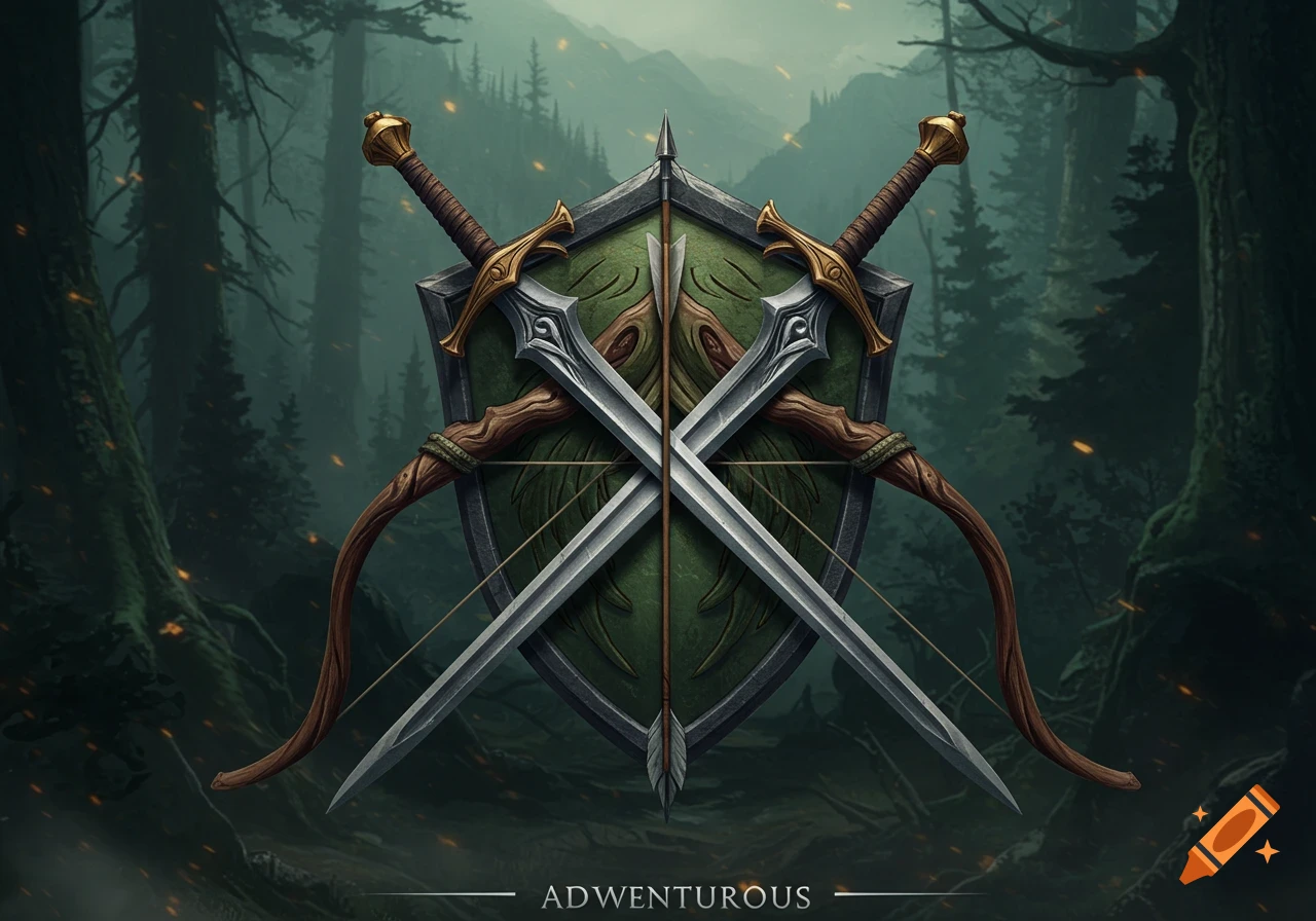 A detailed fantasy crest featuring two crossed swords, a bow, and a shield over a misty forest background, with the word "ADWENTUROUS" below.