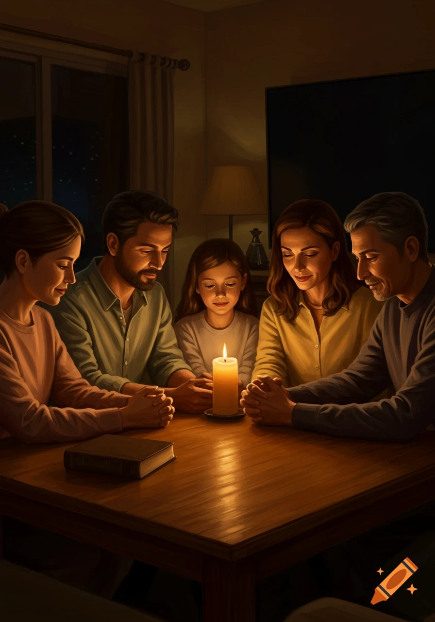 A family of three (two adults, one child) sits around a wooden table with clasped hands, illuminated by a glowing candle and a book, in a dark room.
