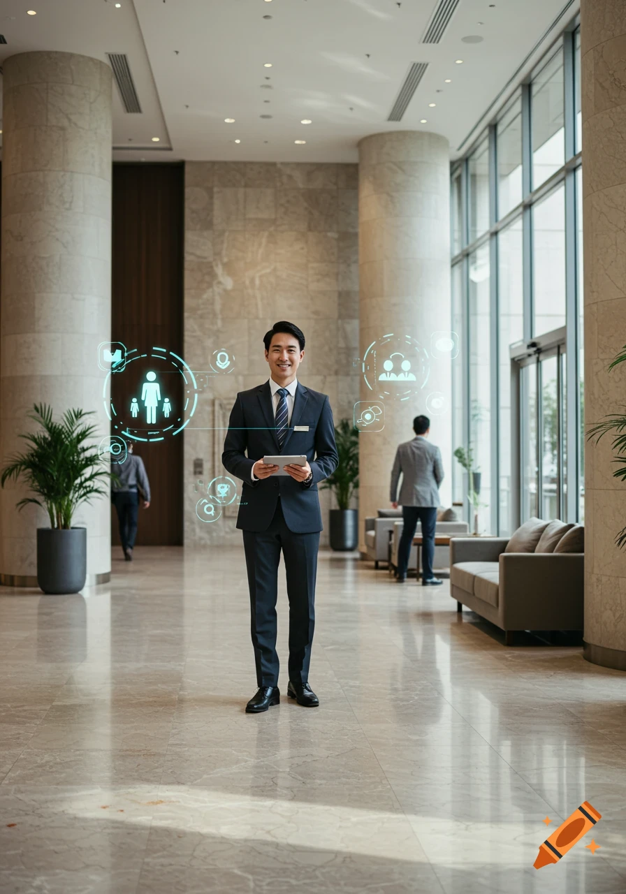 A smiling Asian man in a suit holds a tablet in a modern hotel lobby with holographic UI icons.