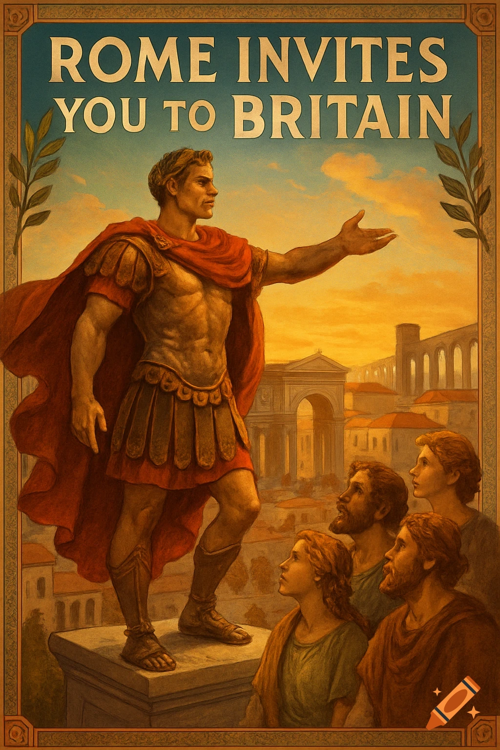 A vintage-style Roman propaganda poster with a muscular Roman general on a pedestal inviting people to Britain, against a backdrop of classical architecture and a golden sky.