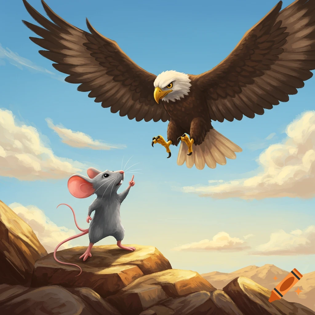 A cartoon mouse standing on a rocky outcrop gives the middle finger to a large flying eagle in a bright blue sky.