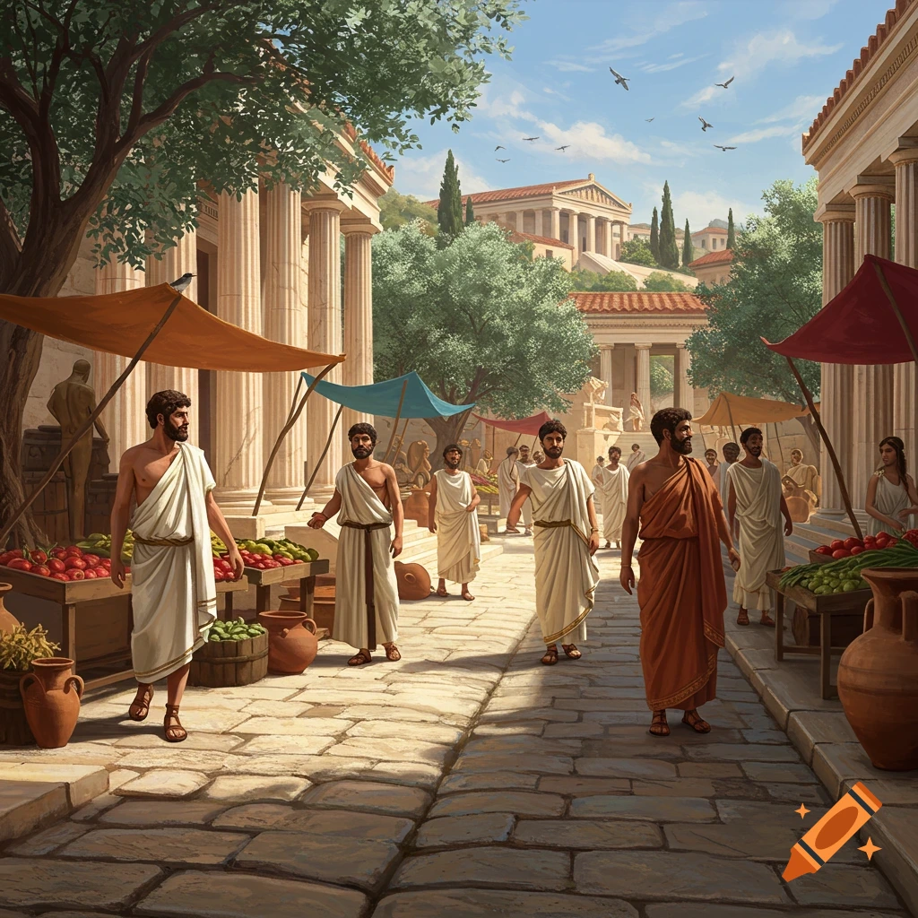 Detailed painting of an ancient Greek marketplace with men in tunics walking past fruit and vegetable stalls and classical buildings.