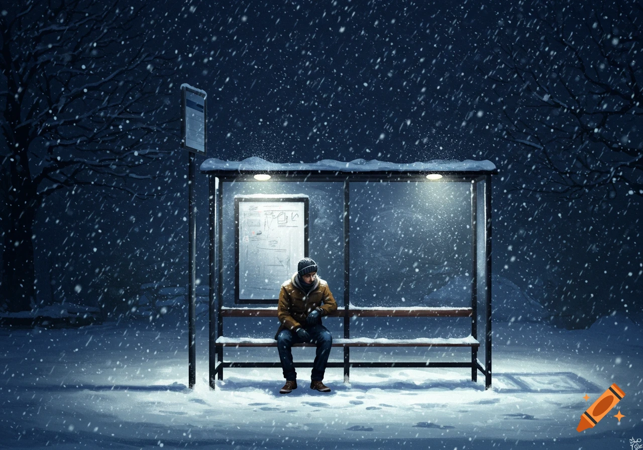 A man in a winter jacket and hat sits on a bench in a bus stop shelter, looking at his watch, as heavy snow falls around him at night. The scene has a painterly style.