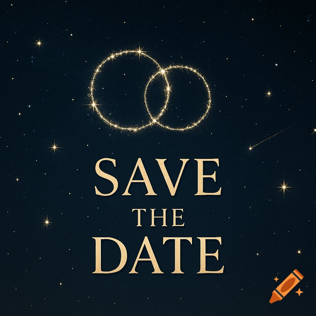 A dark blue night sky with golden sparkling rings and 'SAVE THE DATE' text for a wedding invitation.