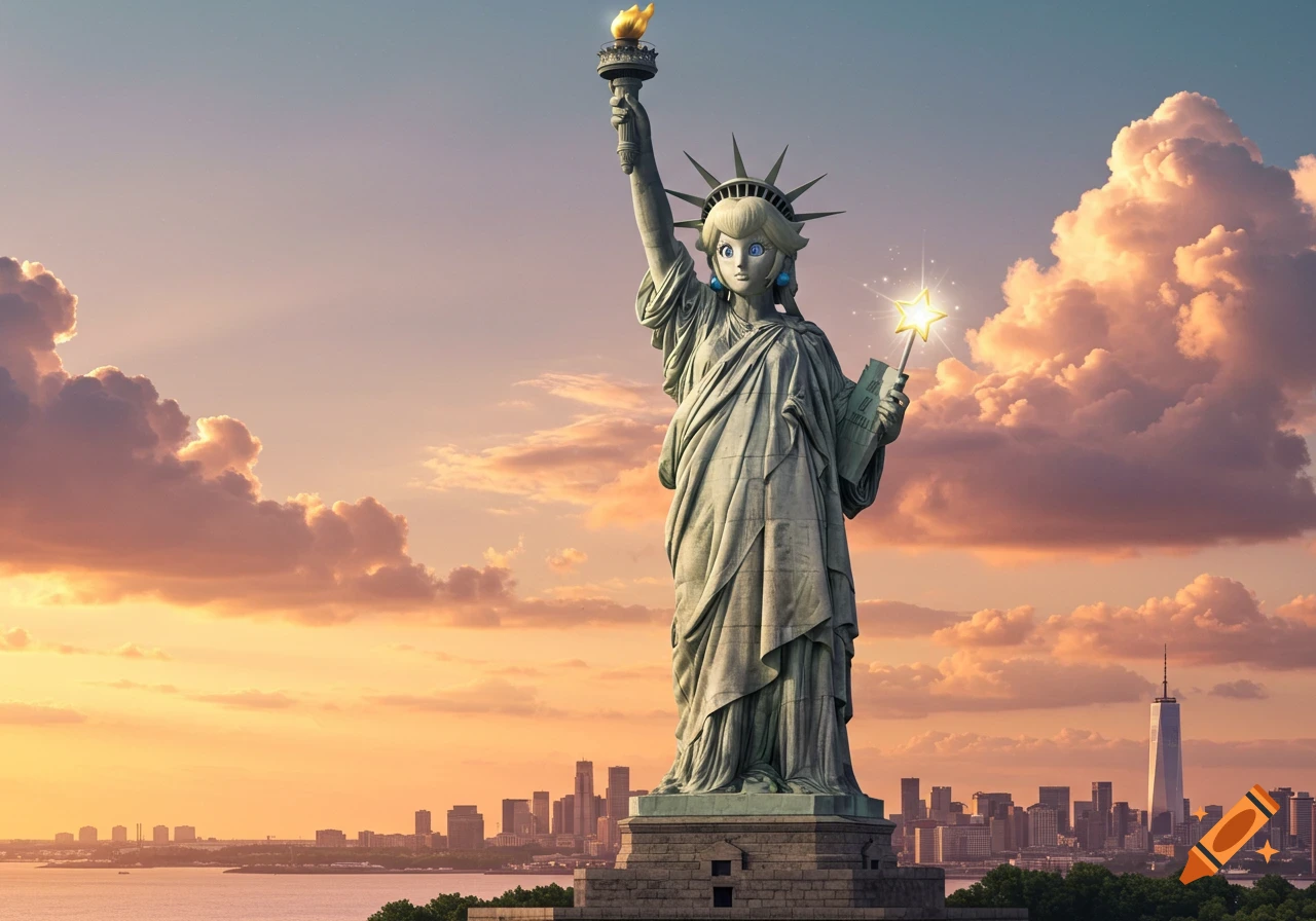 A statue of Princess Peach as the Statue of Liberty holds a torch and a star-tipped wand, overlooking a city skyline at sunset.