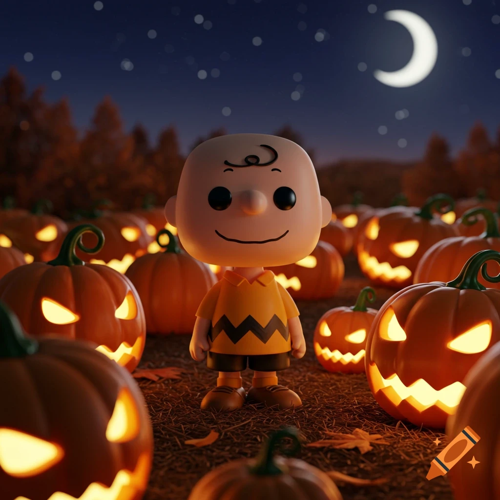 A stylized Funko Pop Charlie Brown stands smiling amidst glowing jack-o'-lanterns in a spooky Halloween night scene.