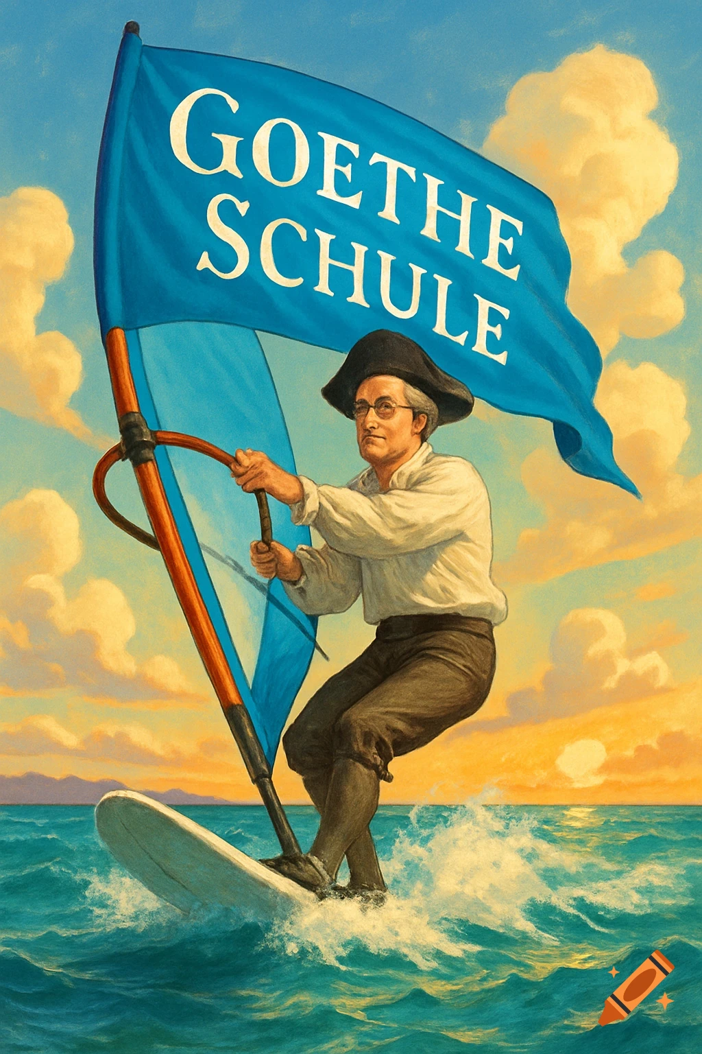 A man resembling Goethe windsurfing on blue waves, holding a large blue sail with "GOETHE SCHULE" written in white. The sky is bright with orange and yellow clouds at sunset, in a painting style.