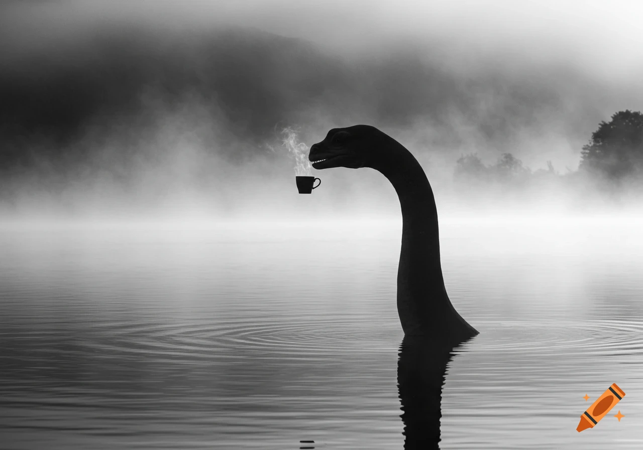 A black and white image of the Loch Ness Monster in a foggy lake, holding a steaming cup of coffee to its mouth.