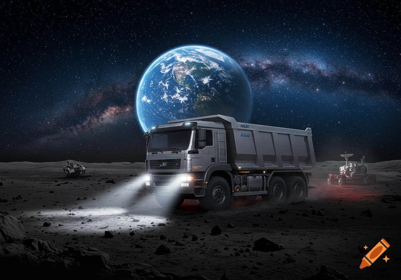 A large gray KLG dump truck on the rocky surface of the moon, with its headlights illuminating the ground, against a backdrop of Earth and a starry night sky.
