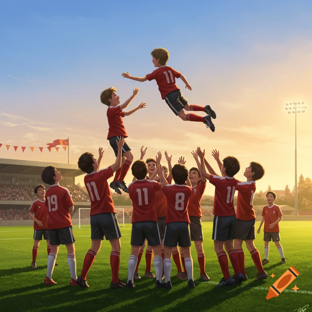 A group of young boys in red soccer uniforms celebrating on a field at sunset, tossing two teammates into the air.