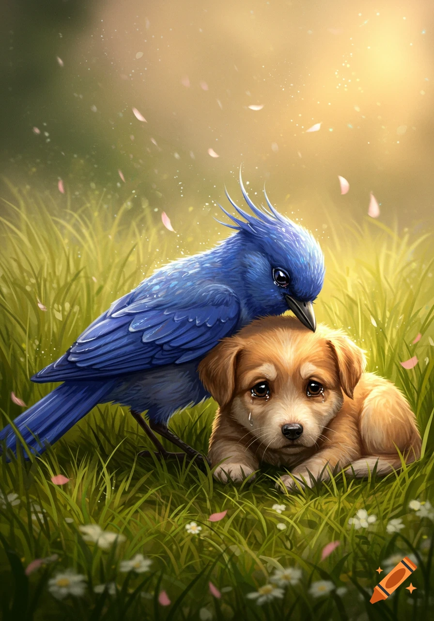 A blue bird gently comforts a crying brown puppy in a lush green field with falling pink petals and dappled sunlight.