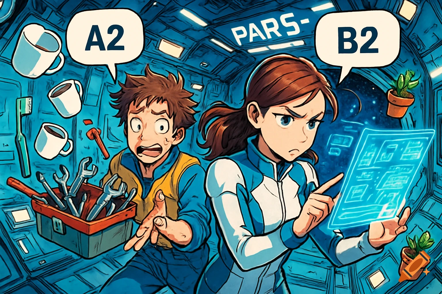 Manga-style image of a male engineer looking exasperated and a female scientist concentrating, both in a zero-gravity spaceship interior with floating items. Speech bubbles read "A2" and "B2".