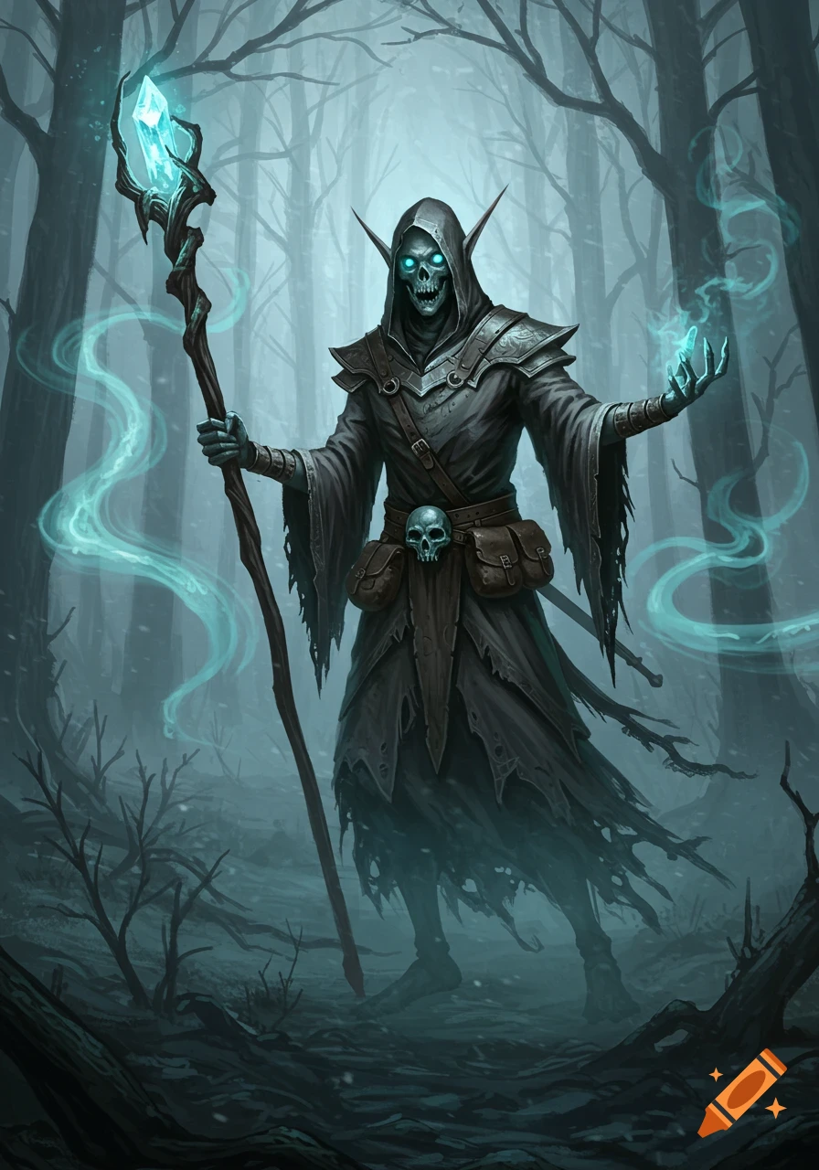 Dark fantasy elf skeleton mage with glowing eyes and tattered robes, holding a crystal staff, casting a spell in a misty forest.