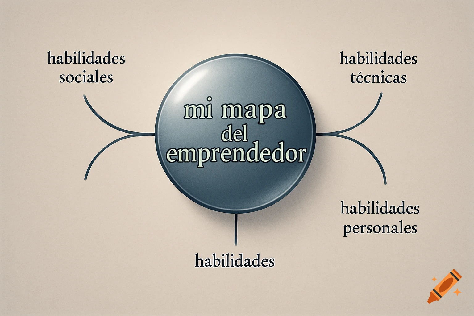 A mind map with a central circle labeled "mi mapa del emprendedor" (my entrepreneur's map). Branches lead to "habilidades sociales" (social skills), "habilidades técnicas" (technical skills), "habilidades personales" (personal skills), and an additional branch labeled "habilidades" (skills).