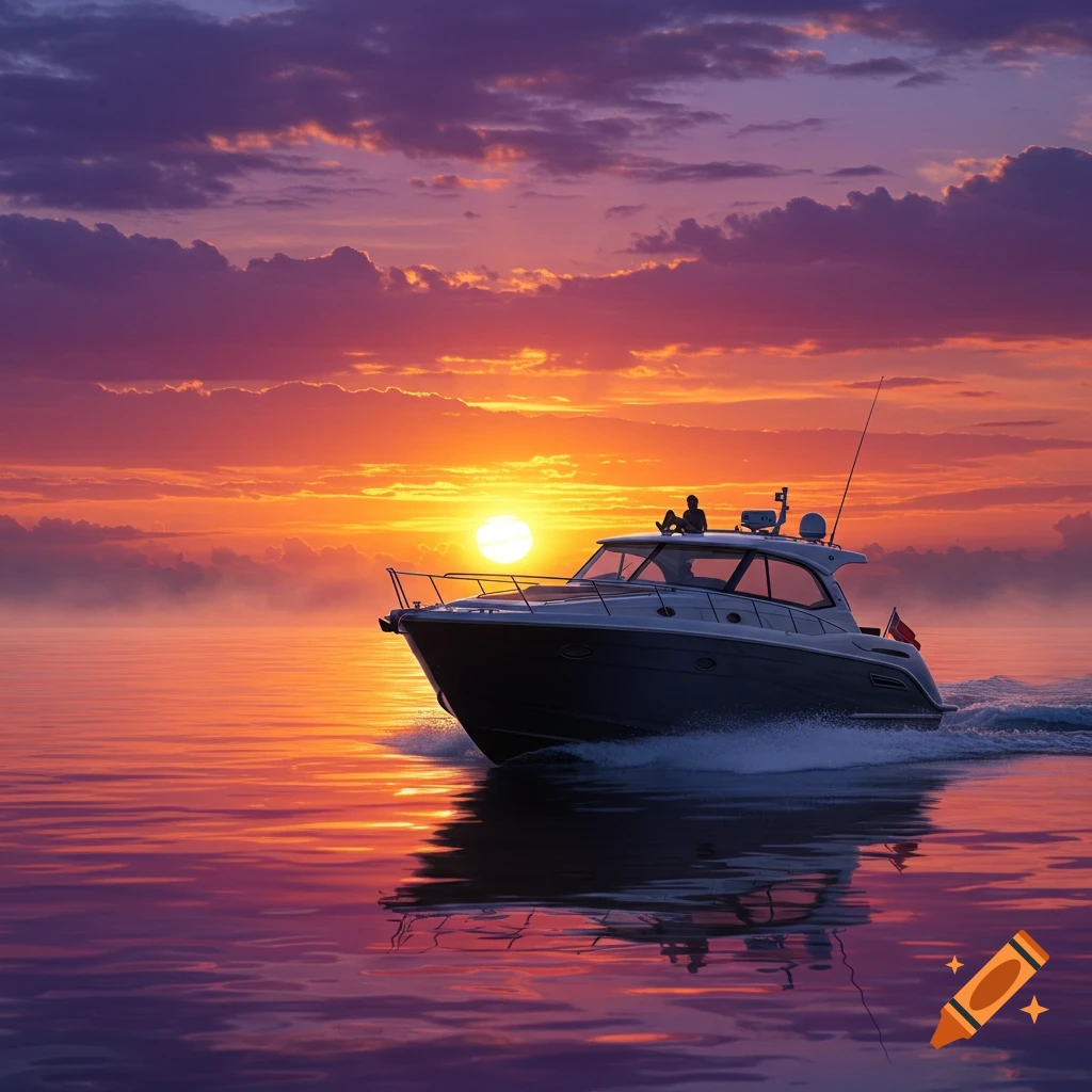 A motorboat cruises on calm water during a vibrant orange and purple sunset, with reflections on the water.