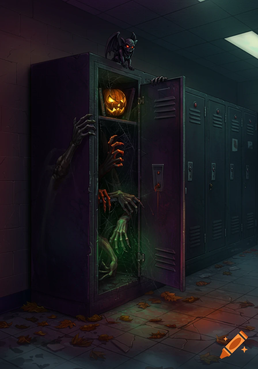 Spooky illustrated high school locker with monster hands, a glowing jack-o'-lantern, and a gargoyle on top.