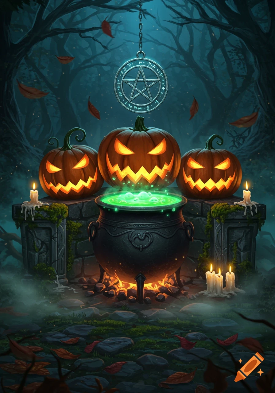 Three glowing jack-o'-lanterns and a bubbling green cauldron sit on stone pedestals in a spooky forest under a hanging pentagram.