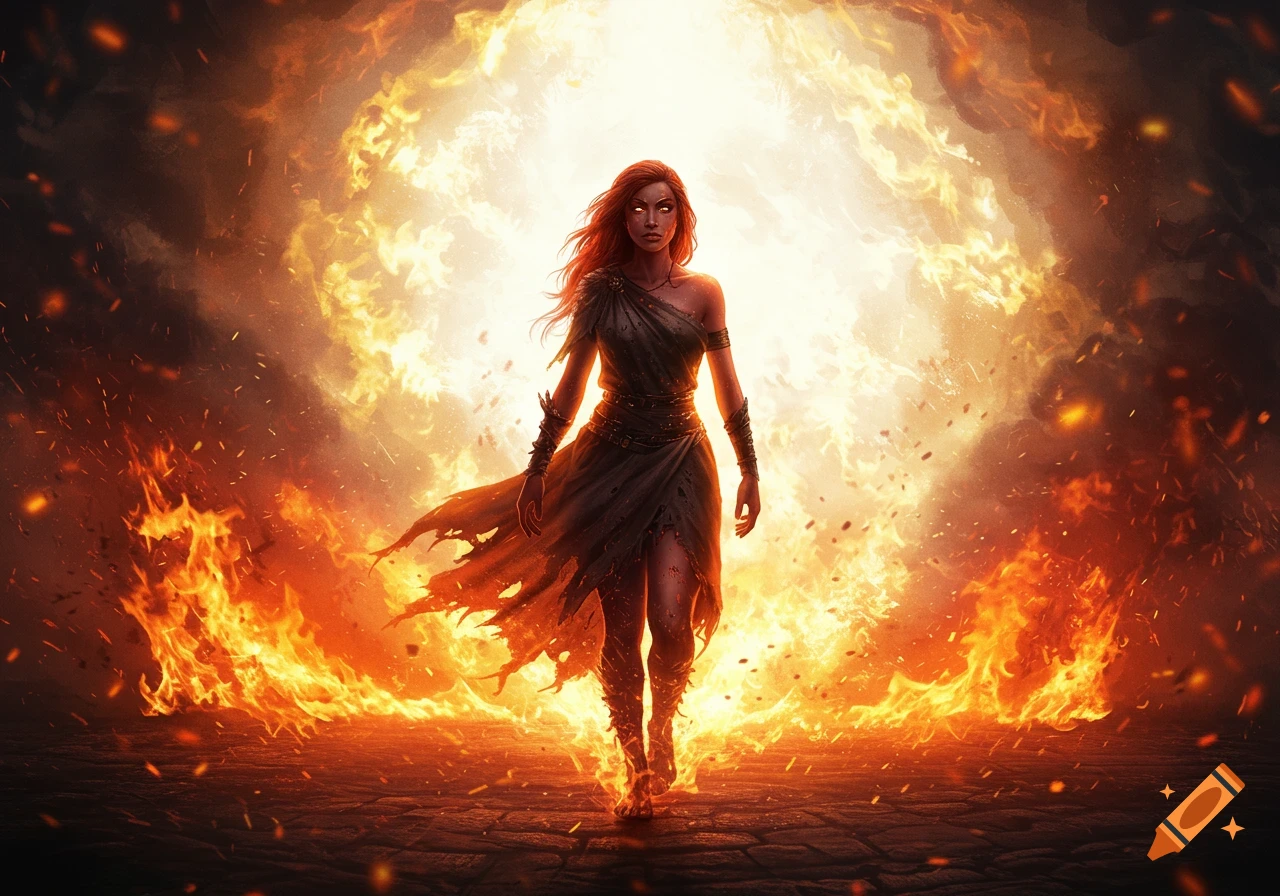 A powerful woman with glowing eyes walks forward through intense flames and a bright light, symbolizing resilience in dramatic fantasy art style.