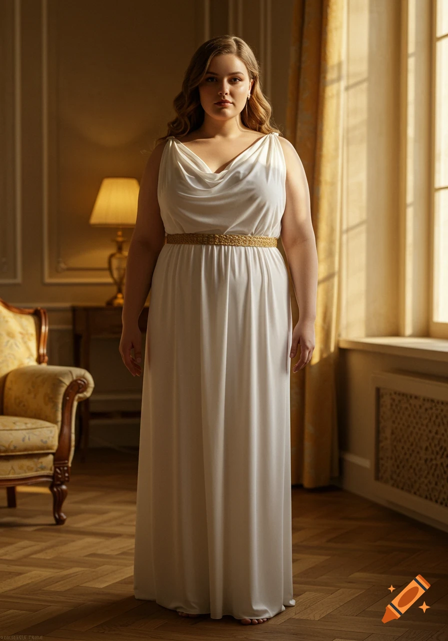 A photorealistic portrait of a confident woman with wavy brown hair, wearing a white Grecian gown and gold belt, standing in a warm-toned, elegant room.