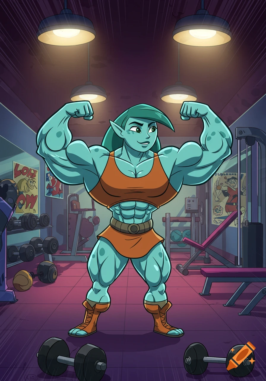 A muscular, green-skinned alien woman with long ears and an orange outfit flexes her biceps in a cartoon gym.