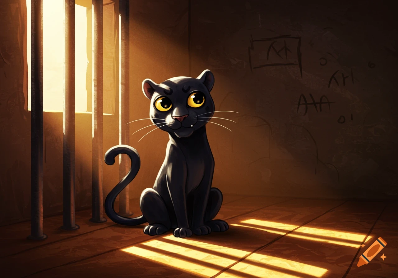 A cartoon black panther with large yellow eyes sits in a dimly lit jail cell, looking out from behind metal bars.