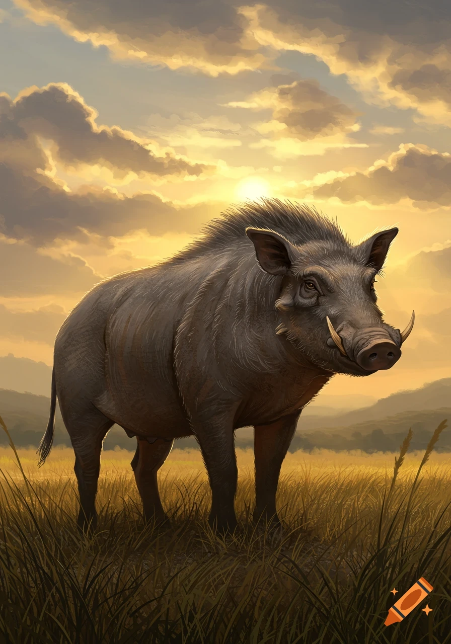 A detailed illustration of a wild boar standing in tall grass at sunset, with a vibrant sky.