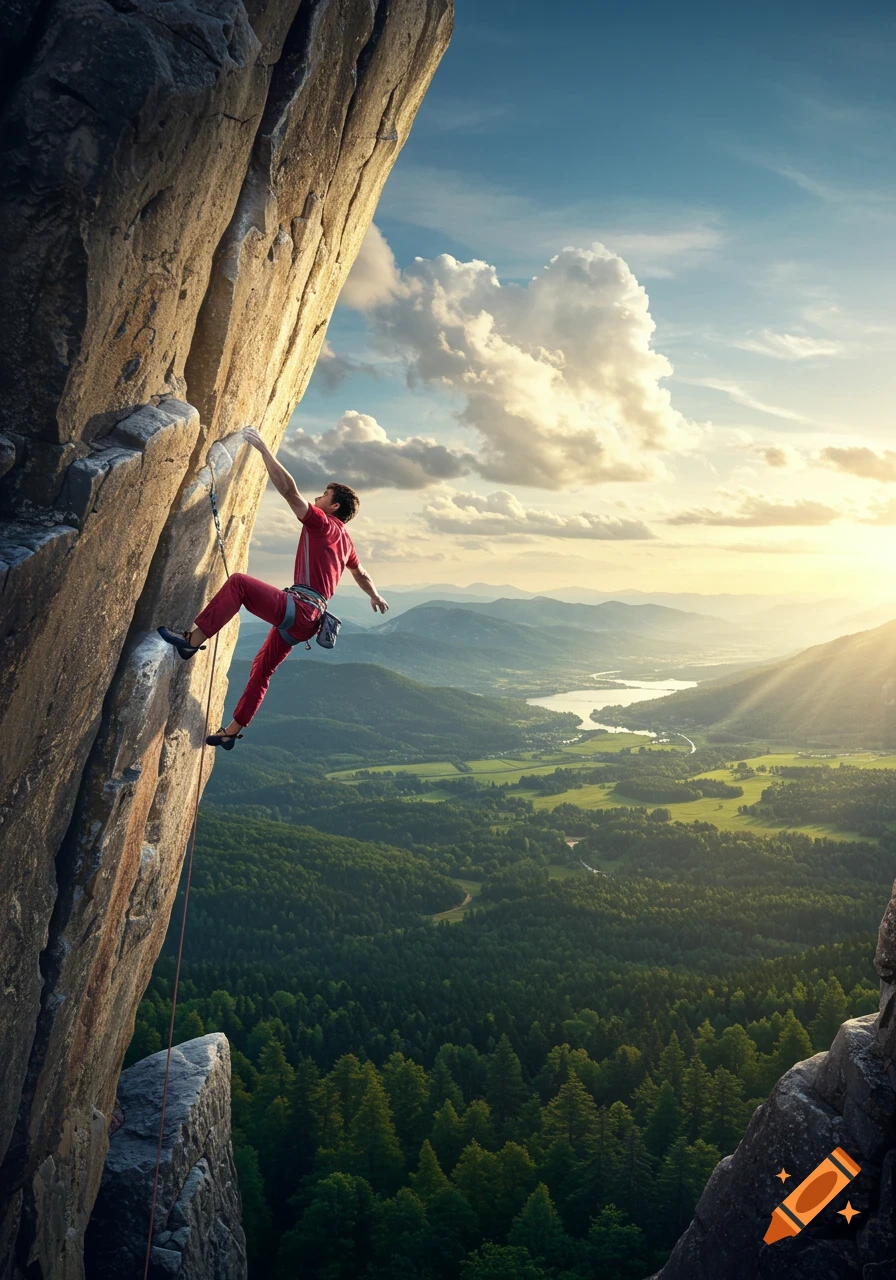A male rock climber in red gear ascends a steep rock face with a vast green valley and sunset visible below.