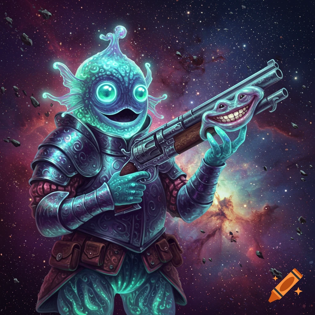 A whimsical alien in ornate armor holds a rifle with a smiling face, set against a vibrant galaxy background with asteroids.