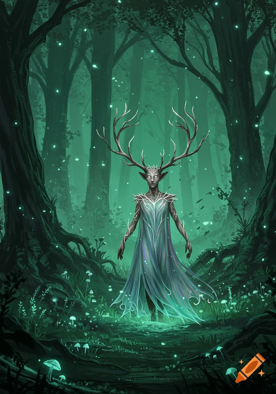 A fantasy forest spirit with antlers on its head and glowing white eyes, wearing a flowing, light blue and green gown, stands in a dark, glowing green forest with luminous mushrooms.