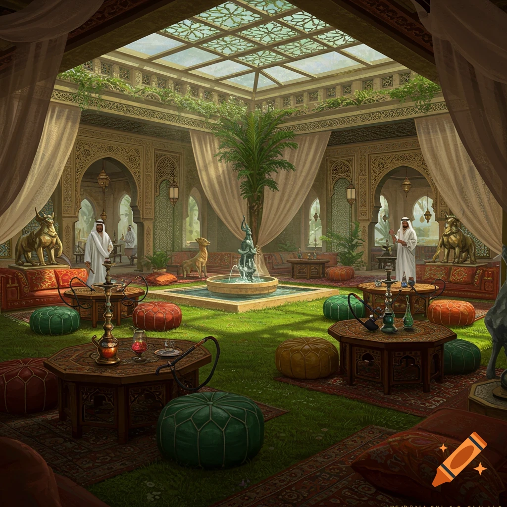 An opulent indoor terrace with Arabic decor features a central fountain, lush grass, golden animal statues, men in white robes, and various hookahs and colorful poufs.