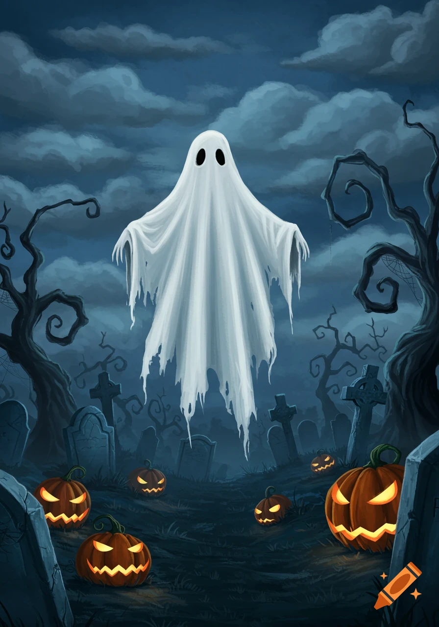 A sheet ghost floats in a spooky graveyard with glowing jack-o'-lanterns under a cloudy night sky, in an illustrative style.