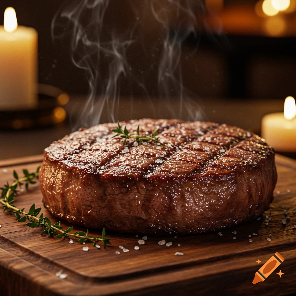 A sizzling, perfectly cooked steak with grill marks, coarse salt, and thyme on a wooden cutting board, with warm candlelight in the background.