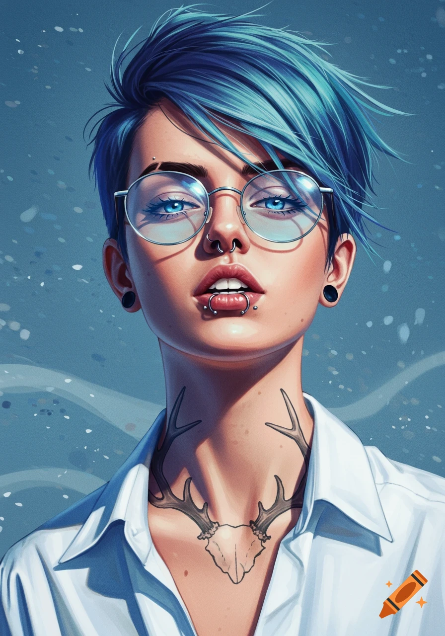 Stylized digital portrait of a woman with blue pixie hair, blue eyes, round glasses, multiple facial piercings, and an antler tattoo on her neck.