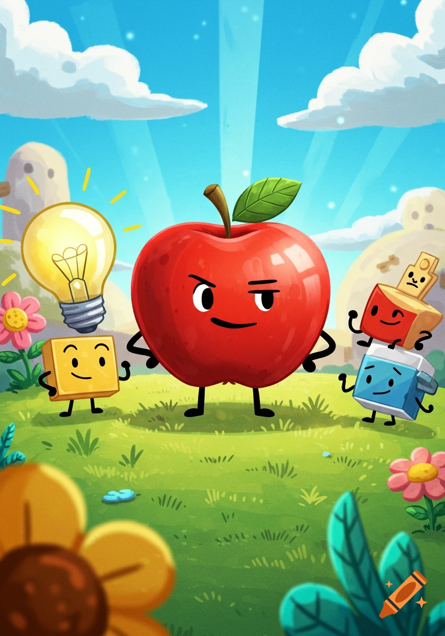 A cartoon red apple with an angry expression stands in a grassy field, flanked by a glowing lightbulb and several block characters, all with faces.