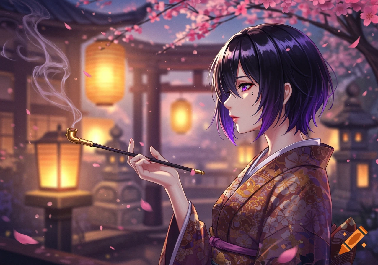 Anime woman with black and purple hair in a kimono, holding a long pipe, amidst cherry blossoms and lanterns.