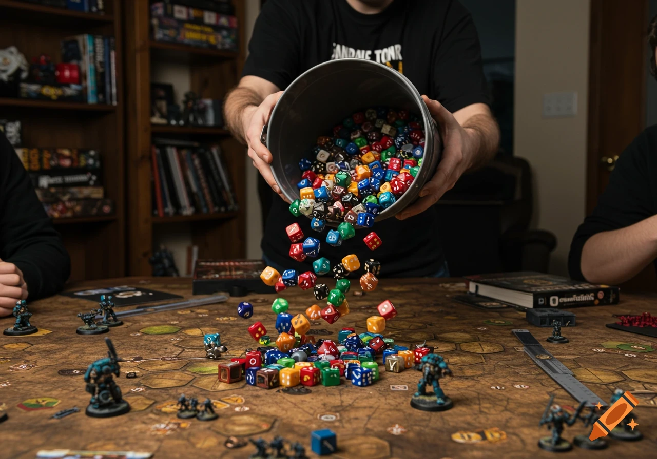 A person pours a large bucket of colorful dice onto a table set up with a Warhammer 40K board game and miniature figures.