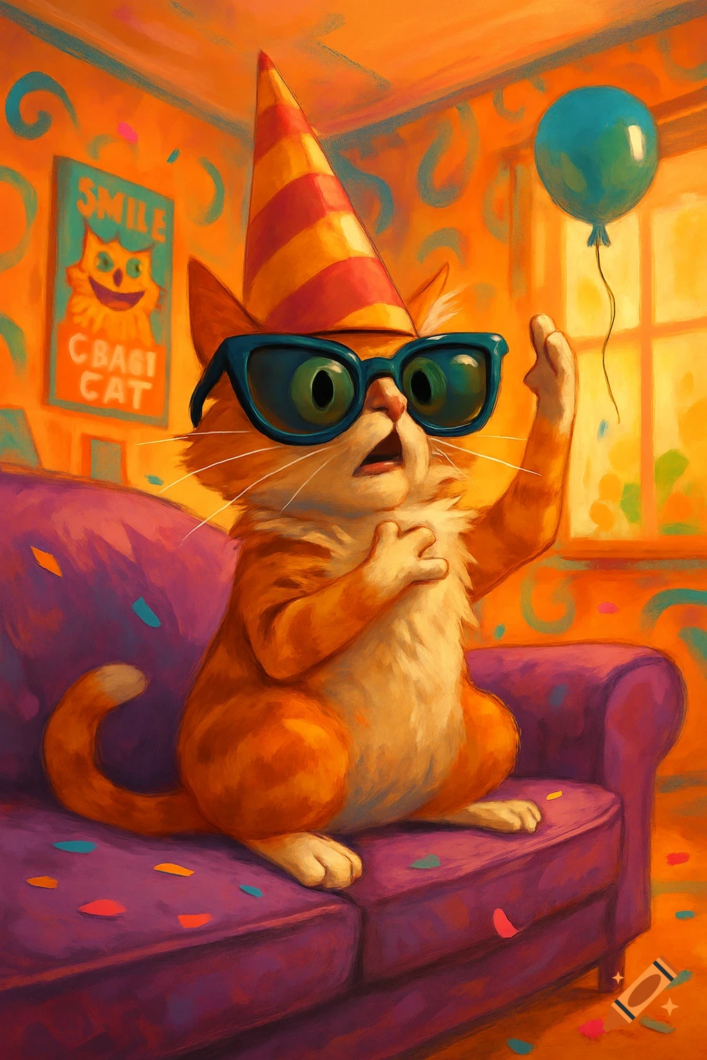 A surprised orange cat with a party hat and oversized blue sunglasses sits on a purple couch covered in confetti, with a balloon nearby.