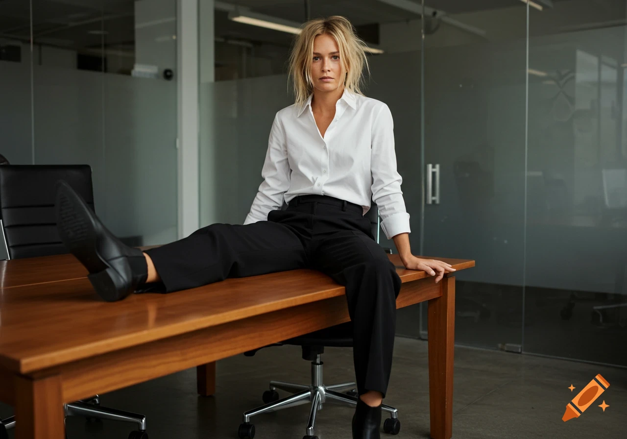 A blonde woman in a white shirt and black pants sits casually on a wooden office desk, looking directly at the camera. Photorealistic.