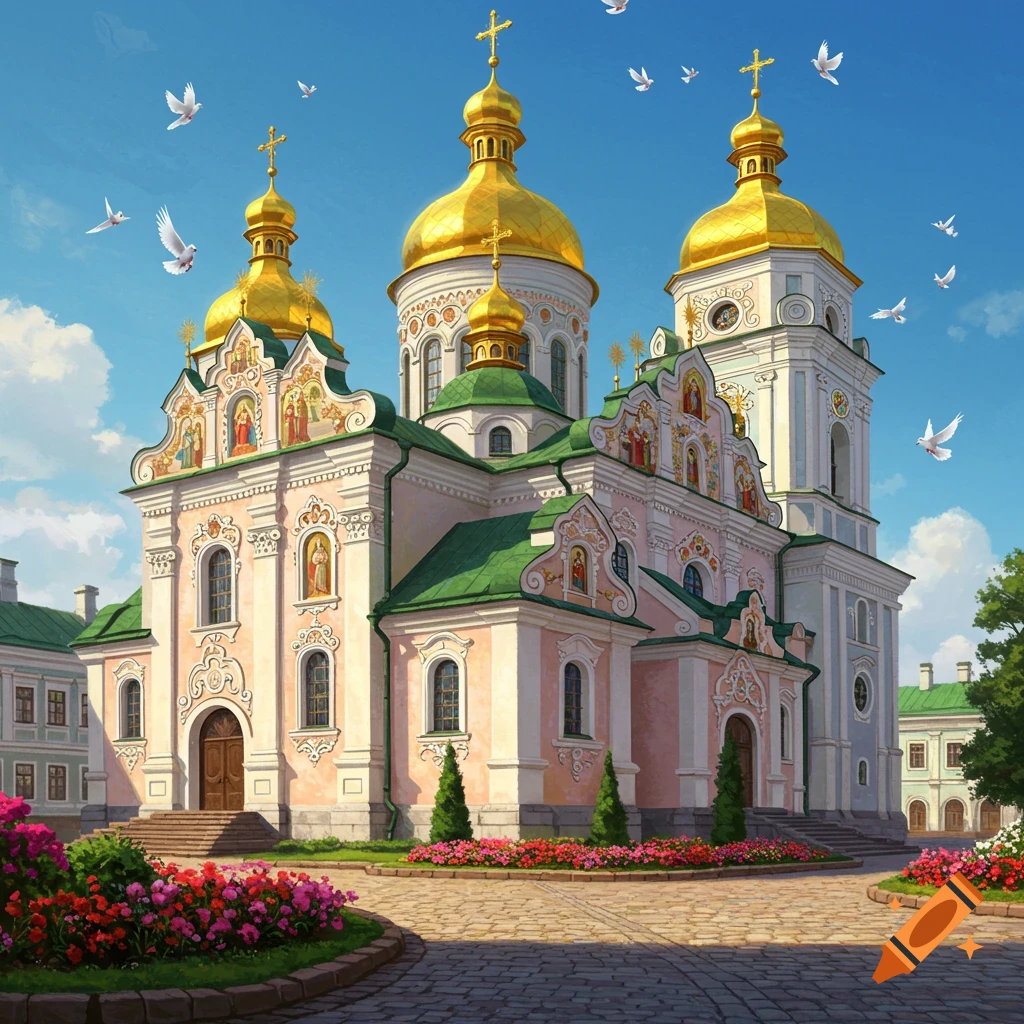 A grand baroque church with golden domes, surrounded by colorful flowers under a blue sky with white doves.