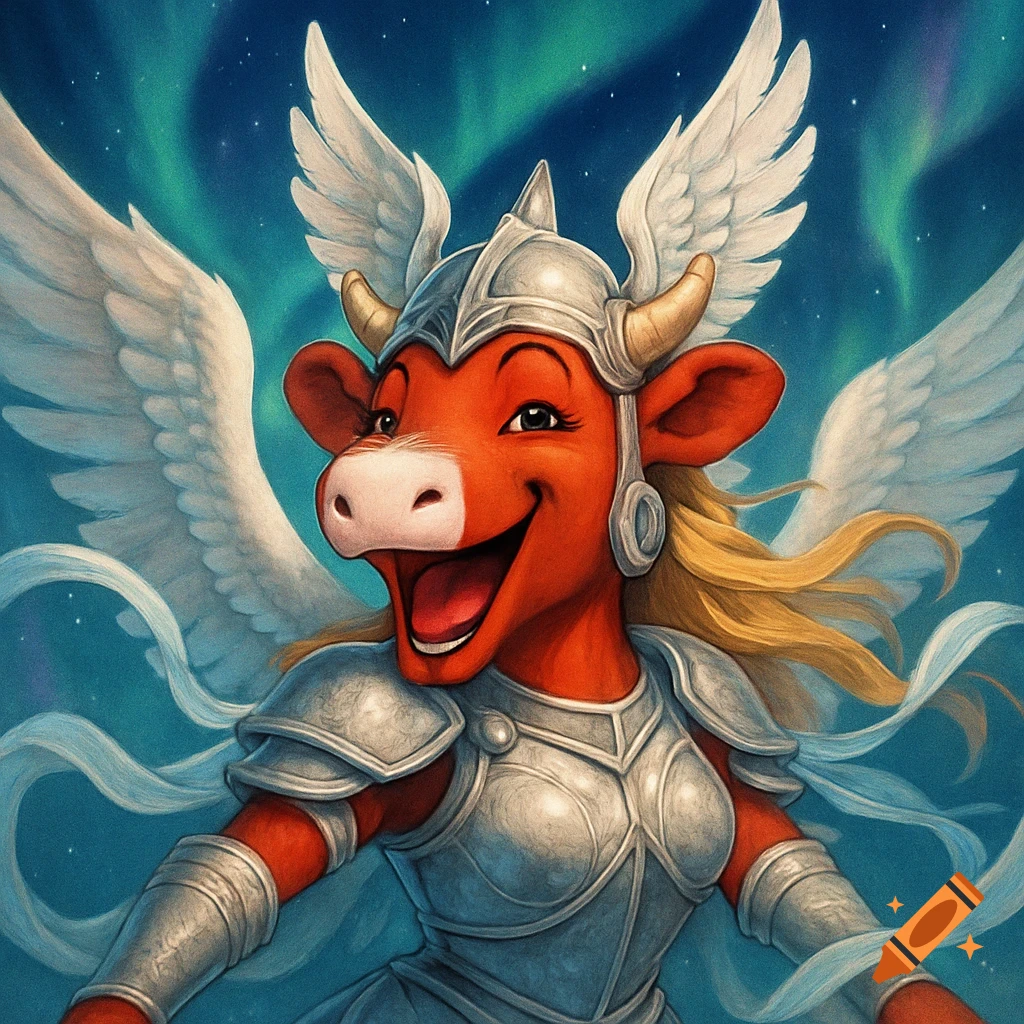 A cheerful red cartoon cow in silver Valkyrie armor with white wings and blonde hair smiles against a northern lights sky.