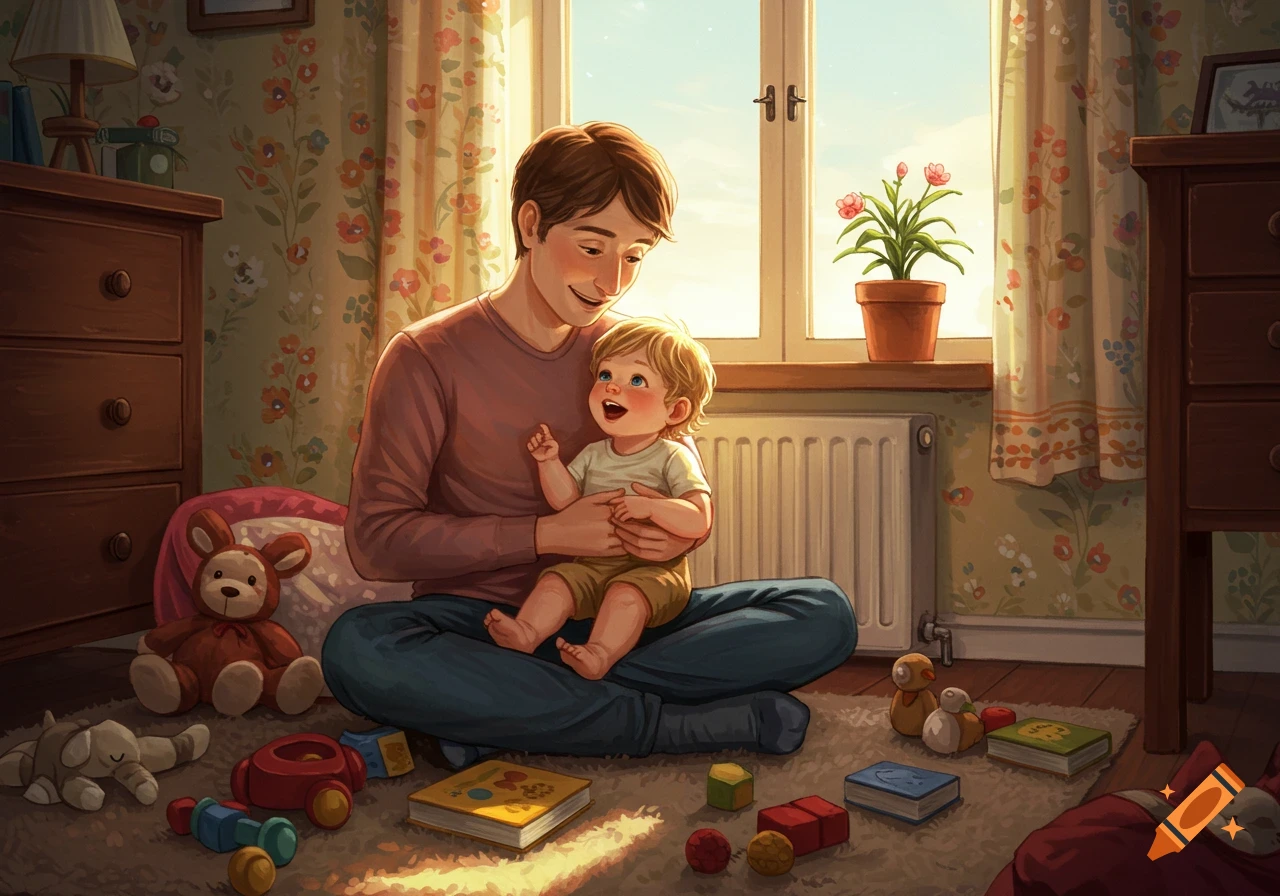 An illustration of a man sitting on a rug, holding a smiling baby surrounded by toys in a sunlit room.